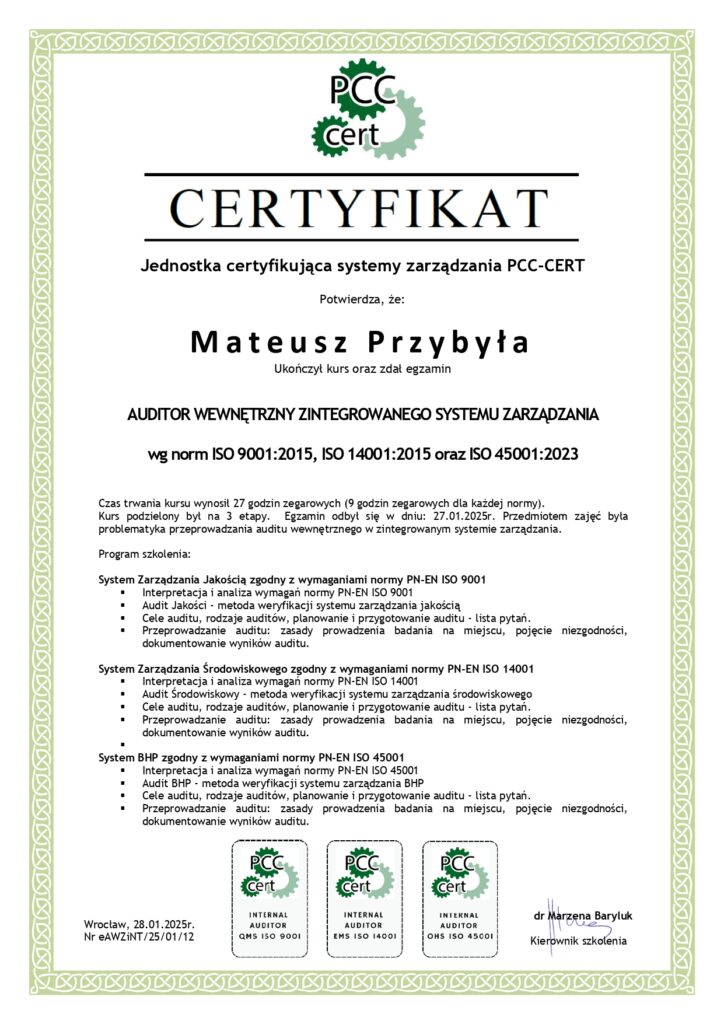 Certyfikat audytora wewnętrznego ISO 9001, ISO 14001, ISO 45001 – Mobilny Metrolog