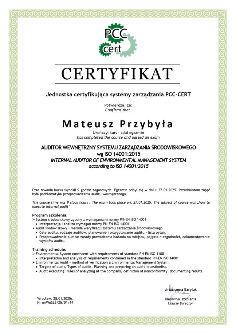 Certyfikat ISO 14001